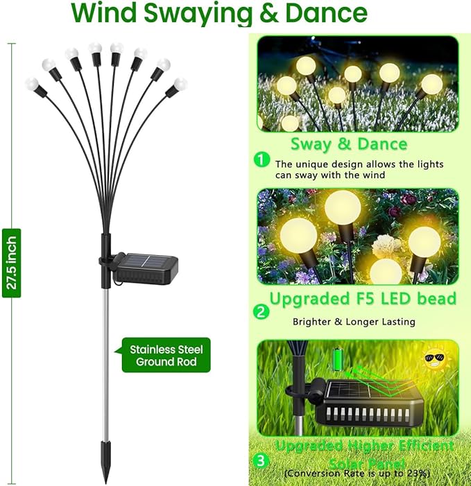 SUNYAO Solar Garden Lights, New Upgraded Solar Swaying Light, Sway by Wind, Solar Outdoor Lights, Firefly Light for Patio Decor, Big Bulb, & Heavy Bulb Base, Warm White(2 Pack)