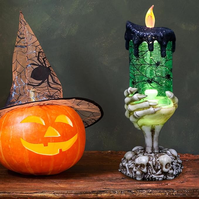 DRomance Halloween Snow Globe Flameless Candle with Timer, Battery Operated Tornado Lamp Skeleton Hand Candle Holder Green Light Glittering Spinning Water Halloween Table Decor(Spider, 4" x 10")