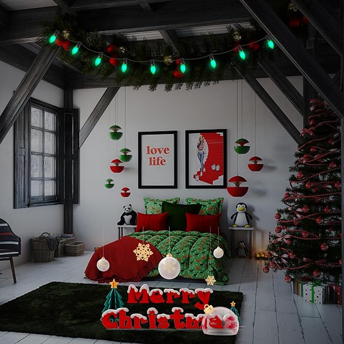 25 Pack C9 Christmas Replacement Bulbs, Green Christmas Bulbs Vintage Ceramic Incandescent Light for Indoor Outdoor Patio Xmas Party String Lights, 7W Night Light, C9/E17 Intermediate Base