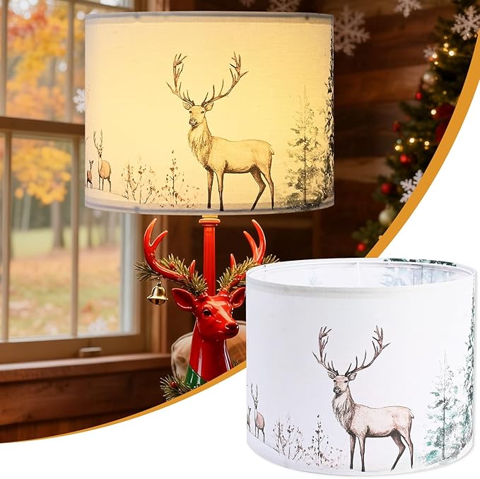 13Inch Lamp Shade, Green Forest Lamp Shades for Christmas, HD Printing Deer Lampshade, Drum Lamp Shades fit with Spider/Uno, Lamp Shades for Floor Lamps, Table Lamps(1PCS, Easy Assembly)