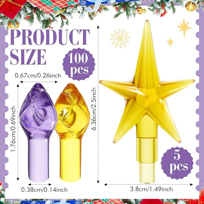 Boao 100 Pieces Ceramic Christmas Tree Bulbs and 5 Stars Replacement Plastic Bulbs for Ceramic Christmas Tree Decorations (3.8 mm Diameter,Purple and Orange)