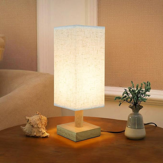Small Bedside Table Lamp for Bedroom, Minimalist Nightstand Lamp with Square Fabric Linen Shade, Mini Cute Study Reading Desk Lamp Night Table Lamp for Living Room,Nursery, Home, Office,4.3in