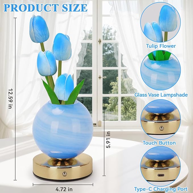Tulip Table Lamp, Rechargeable Cordless Touch Dimming Artificial Tulip Flower Desk Lamp, LED Flower Bedside Night Light Romantic Gifts for Girl Women Mom (Blue)