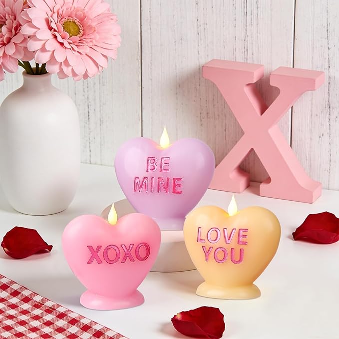 3 Pack Valentine's Day Candles Heart Candle Flameless Candles Flickering Battery Operated LED Heart Shaped Candles with Realistic Warm Flame Effect Romantic Decor for Wedding Anniversary