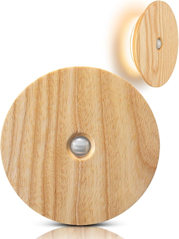 Motion Sensor Night Light Wood, Rechargeable Battery-Powered Magnetic Stick-On Night Light Wall Light for Indoor Stairs, Hallway, and Bedroom, Ash Wood