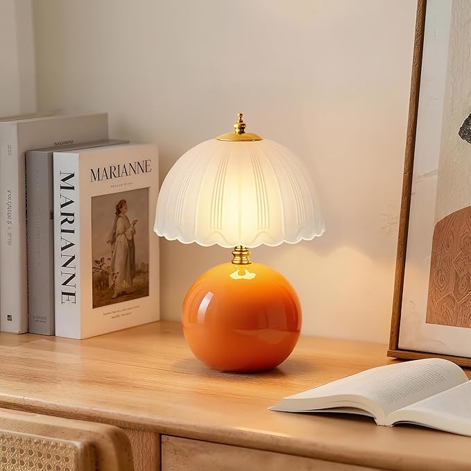 PARTPHONER Mushroom Table Lamp, Ceramic Bedside Lamp with Glass Shade, 3-Way Lighting (2700K-5000K) Rocker Switch, Small Nightstand Lamp for Bedroom, Living Room, Office, Orange
