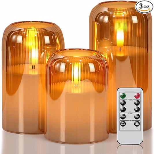 DRomance Glass Flameless Candles with Remote and Timer Battery Operated 3 Pack Real Wax Striped Gold LED Flickering Pillar Candles Dinner Wedding Halloween Christmas Holiday Decor(3" D x 4",5",6" H)