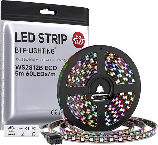 BTF-LIGHTING WS2812B ECO RGB LED Strip,UL Listed,Individually Addressable,16.4FT 60LED/m 300Pixel DC5V 5050SMD,Alloy Wire Flexible for DIY Chasing Color Project IP67(No Adapter or Controller)