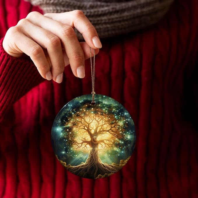 Glowing Tree of Life Christmas Ornaments, Christmas Decorations Xmas Tree Hanging Ornaments, Round Ceramic Festive Keepsake Gift for Xmas Decorations Holiday Home Decor