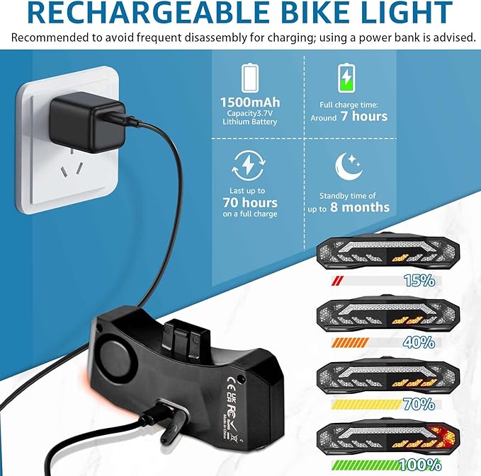 Bike Turn Signals, Bicycle Tail Light with Turn Signals, Bike Tail Light USB Rechargeable with Horn, IP65 Waterproof Anti-Theft Alarm,6 Light Mode Auto On Off, for Bicycle, Ebike, Scooter