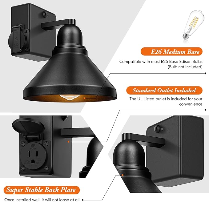 Brightever Motion Sensor Outdoor Wall Lights, Dusk to Dawn Porch Lights Outdoor Wall Sconces, Exterior Barn Lighting Fixtures with Outlet, Black Outside Lights for House, 2-Pack