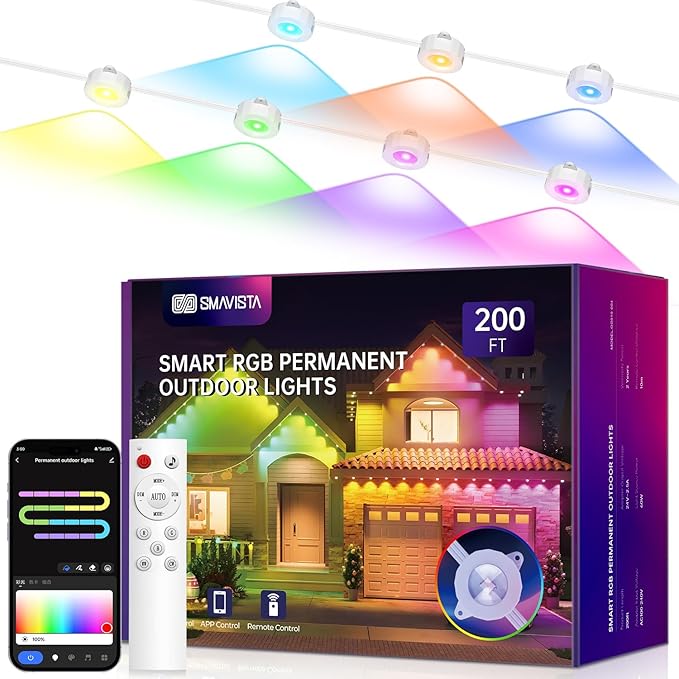 Smart Permanent Outdoor Lights, 200ft with 144 LED RGB String Lights, IP67 Waterproof Eaves Light with 44 Scene Modes for Halloween Christmas Birthday Holiday Party, APP/Voice/Remote Control
