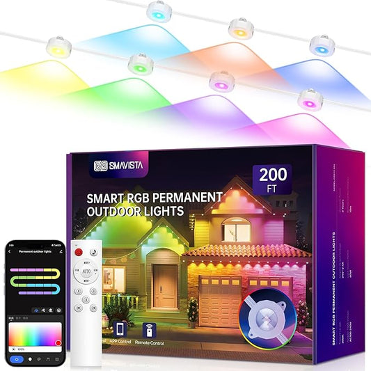 Smart Permanent Outdoor Lights, 200ft with 144 LED RGB String Lights, IP67 Waterproof Eaves Light with 44 Scene Modes for Halloween Christmas Birthday Holiday Party, APP/Voice/Remote Control