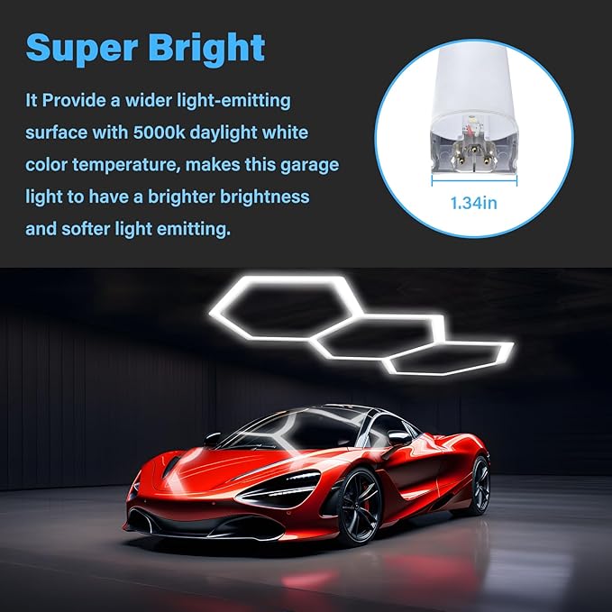 ALLYES LED Hexagon Garage Lights, 24 Packs Dimmable Hex Shop Garage Ceiling Lights, Upgraded Wider Size Light Tubes, 25650LM 6500K 200W Suitable for Workshop Basement Gym Warehouse