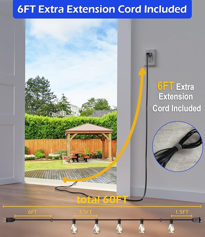 luckystyle 60FT LED Outdoor String Lights with 16+1 Edison Shatterproof Waterproof Bulbs, 2700K Commercial Grade Patio Lights, Heavy Duty Outside Hanging Outdoor Lights for Garden Porch Deck Decor