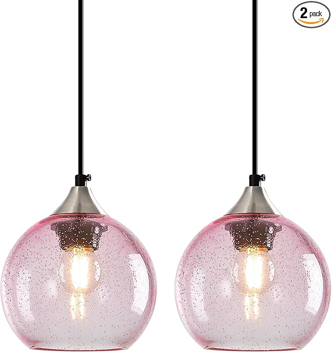 Pink Glass Pendant Lights Kitchen Island Globe Pendant Light Fixtures Modern Pendant Lighting for Bedroom Living Dining Room Light Fixture (5.9 in, 2 Pack)