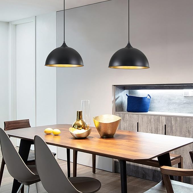 Pendant Lighting for Kitchen Island, 2 Pack 12" Dome Pendant Light Fixtures with Black and Gold Finish Farmhouse Industrial Hanging Pendant Light for Dining Room Restaurant Cafe Entryway