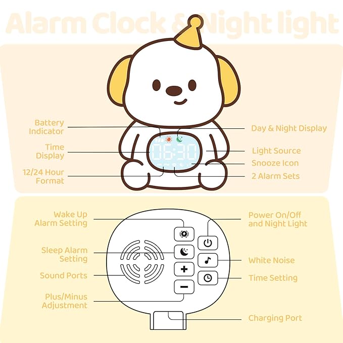 Dog Alarm Clock with Night Light for Kids with Sleep Training and Sound Machine, Rechargeable Silicone Lamp OK to Wake Clock，Cute Animal Tabletop Lamp, Perfect Sleep Companion for Boys Girls