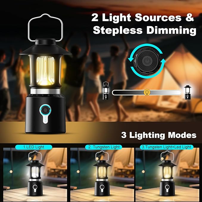 Telescopic LED Camping Lantern, 8000mAh Battery Powered Vintage Camping Lights, 3 Light Modes, Stepless Dimming Tent Lights, Portable Emergency Light for Power Outages, Outdoor Work, Hurricane, Hiking