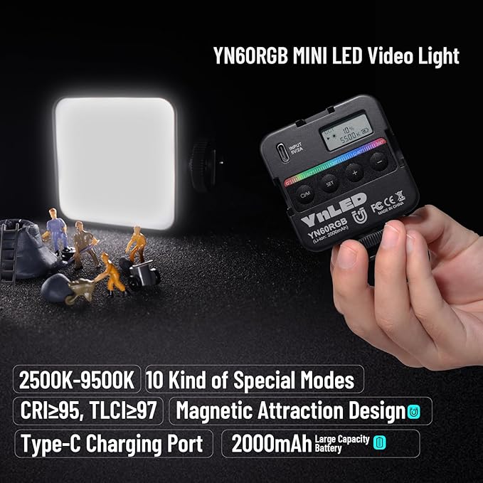 YONGNUO YN60 RGB LED Mini Lights, Camera Video Light 360 Full Color Portable Photography Lighting w 3 Cold Shoe, 2000mAh Rechargeable CRI 95+ 2500-9500K Dimmable Panel Lamp Support Magnetic Attraction