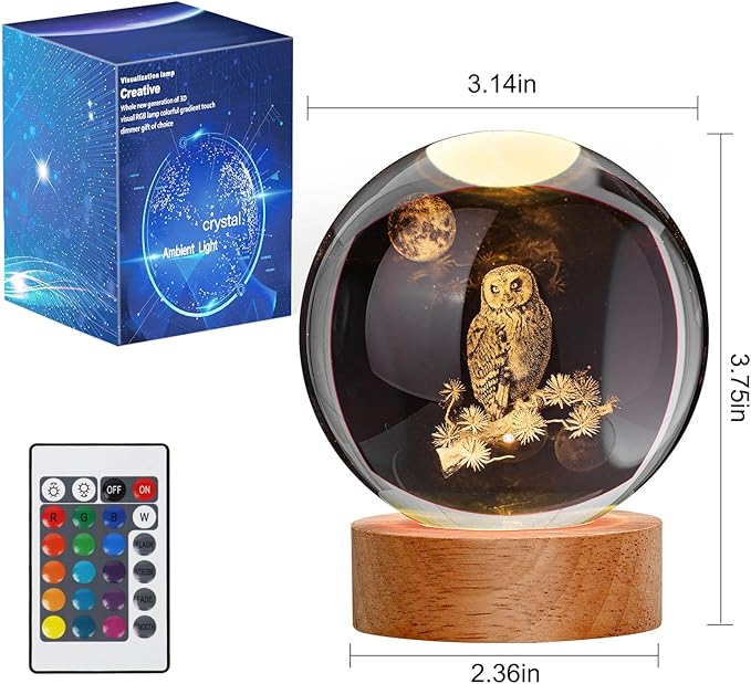 Large 3D Owl Crystal Ball Night Light, Figurines in Crystal Lamp 16 Color Changing with Remote Control for Bedroom Decor, for Teens Boys and Girls, Owl