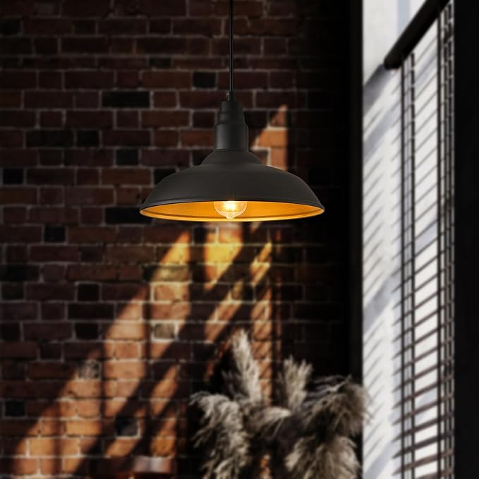Farmhouse Pendant Lights with Large 14 Inch Dome, Barn Style Hanging Light Fixture for Kitchen, Dinning Room, Black Ceiling Mount Lighting for Indoor and Outdoor Use, Height Adjustable