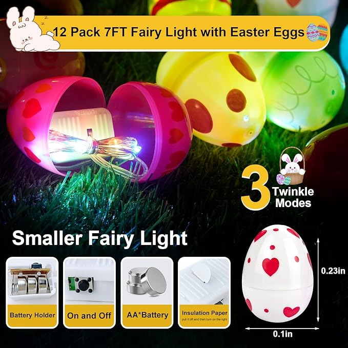 12 Pack 7Ft Fairy Lights with Easter Egg, Battery Operated 20 LED Easter String Lights 3 Mode for Outdoor Bedroom Home Spring Themed Tree Decor