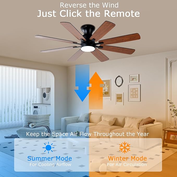 KNUN 52 Inch Ceiling Fan with Light, Low Profile Ceiling Fan with Remote and APP Control, 8 Blades, Noiseless, DC Motor, Flush Mount Ceiling Fans for Bedroom Living Room, Indoor/Outdoor Brown