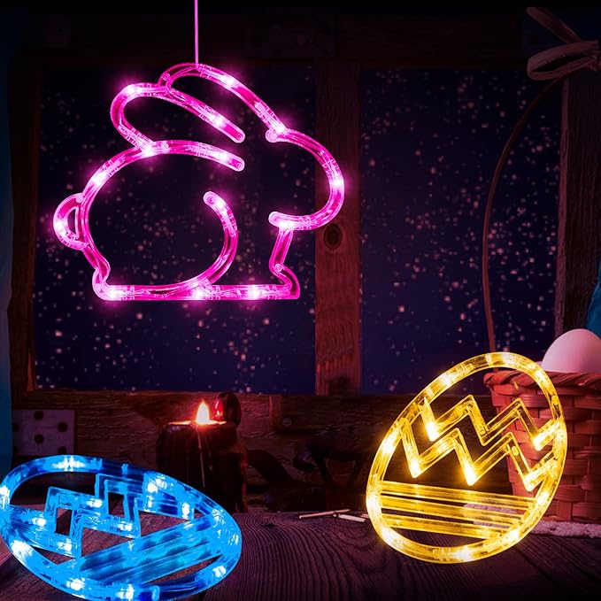 LOLStar Easter Window Decorations, Window Lights, 3 Pack Easter Egg and Bunny Shaped Pink Yellow Blue Hanging String Lights with Suction Cup, Battery Operated Indoor Lights for Home Decor