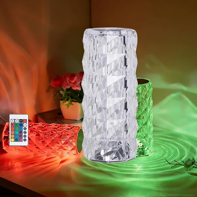 16 Colors Rose Rays Crystal Diamond Table Lamp, Touch Control Acrylic Column Light with Remote, Type-C Rechargeable, 360 Degree Transparent Shade for Bedroom Desk Décor (1, Large)