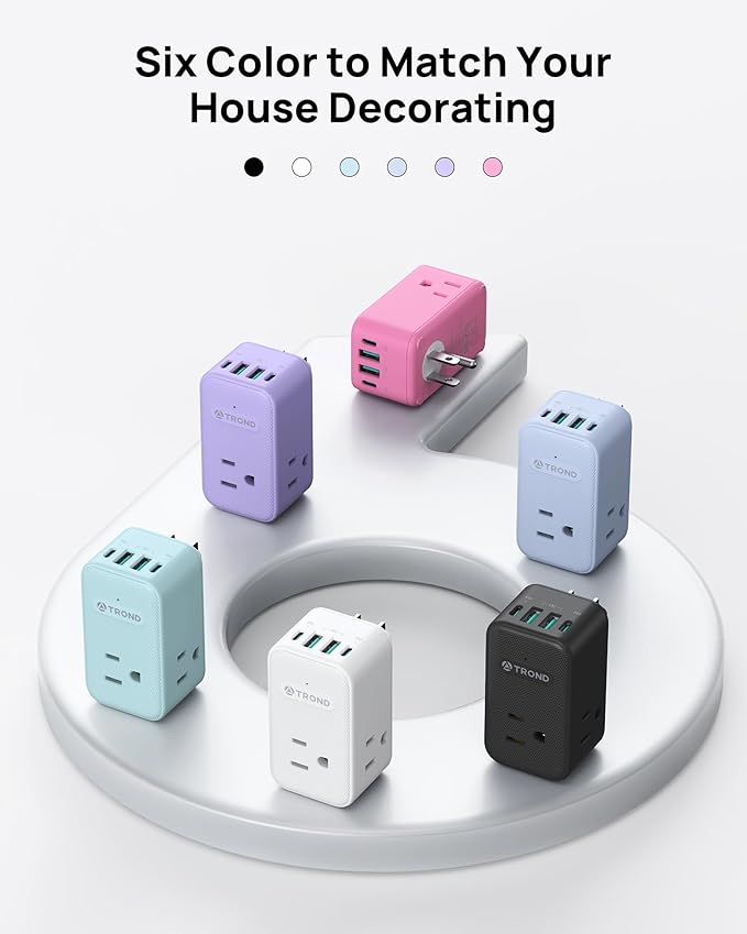 TROND Outlet Extender with 360 Rotating Plug, 3 AC Outlet Splitter with 2 PD 20W USB C Charger, USB Wall Plug Adapter, A Small Charging Station for Kitchen Bathroom Cruise Ship Travel Essentials