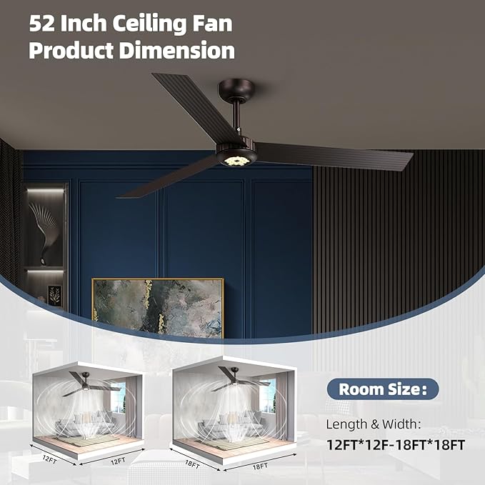 TALOYA 52 inch Modern Ceiling Fan with Lights,Remote Control,3 Metal Blades,Coffee-brown Finish,6-Speed,Dimmable, Noiseless Reversible DC Motor,Indoor/Outdoor Ceiling Fan for Living Room Bedroom patio