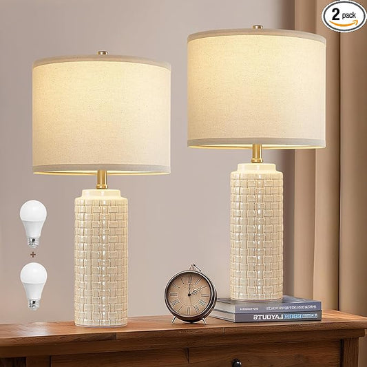 Luvkczc 24.8" Modern Ceramic Bedside Lamp Set of 2, 3 Color Temperature&Bulbs Included - Farmhouse Nightstand Lamps for Living Room Bedroom End Table Office Entryway