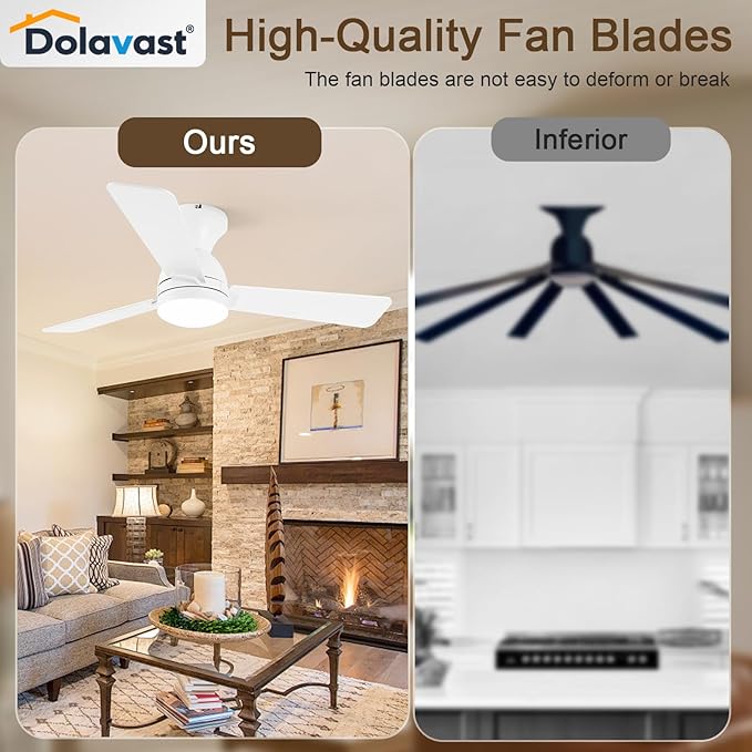 Ceiling Fans with Lights and Remote, 42 Inch Ceiling Fan with Light, Low Profile, Reversible, Dimmable LED, Flush Mount, Quiet, DC Motor, White Ceiling Fan for Bedroom, Kitchen, Dining Room