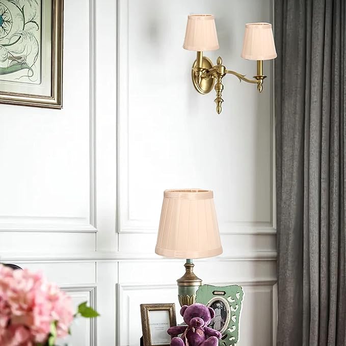 3Pcs Small Lamp Shade, E14 Clip on Lampshades Drum Pleated Fabric Lamp Shades Replacement for Table Floor Wall Lamps, Pendant Light, Chandelier, Bedroom Hotel Decor, 3.3x4.7x4.3 inch (Light Gold)