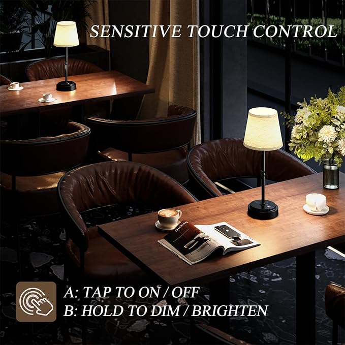 Cordless Table Lamp Rechargeable Black - 1 Pack 7500mAH Battery Operated Lamp for Decor, 3000K Stepless Dimming Touch Control Wireless Lamp for Bedroom, Dining Table, Counter, Living Room