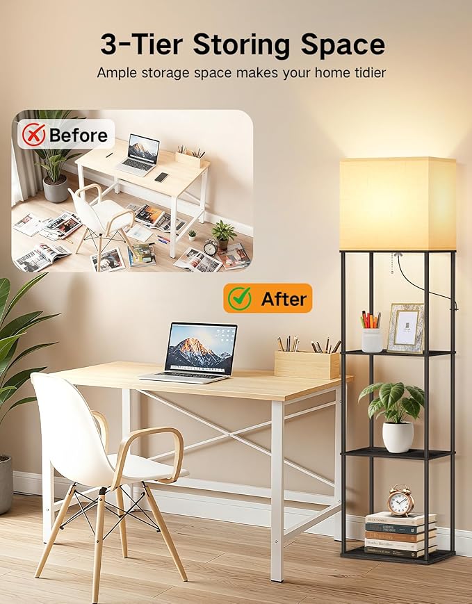OUTON Floor Lamp with Shelves, Modern Large Size Rectangle Standing Shelf Lamp with 3 Color Temperature Bulb, Storage Display Wood Column Tall Bookshelf Lamp for Living Room, Bedroom Office, Black