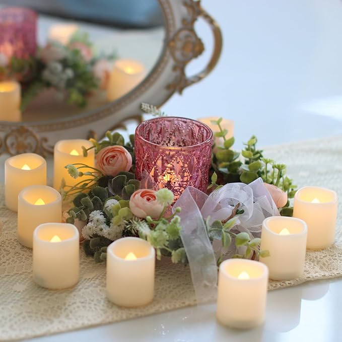 12 Pack Flameless Votive Candles Flickering Electric Fake Candles LED Battery Operated Tea Lights for Home Wedding Decor Party Table Halloween Christmas Decorations, Warm White Glow