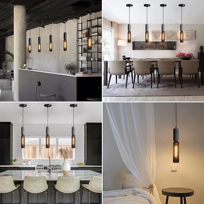 Concrete Linear Pendant Light with a Metal Mesh Shade,Modern Industrial Hanging Cement Pendant Lighting Fixture for Kitchen Island Bedroom Living Room Dining Room(Black 1-Pack)