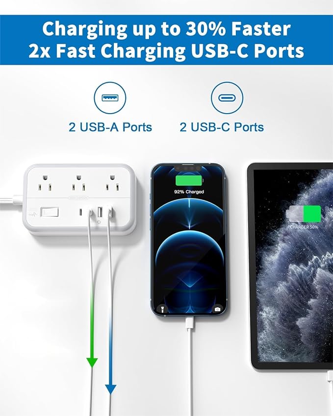 Power Strip with 6 Outlets 4 USB Ports(2USB C), Flat Extension Cord with Multiple Outlets, 1080 Joules, 5 ft Flat Plug Outlet Extender for Indoor, Office Supplies, Dorm Room Essentials