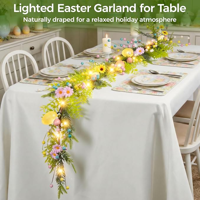 6FT Prelit Easter Garland with 20 LED Lights & 8 Modes Timer,Easter Decorations for Home,Battery Operated Lighted Easter Egg Garland with Berry Daisy for Mantle Door Table Indoor Outdoor Spring Decor