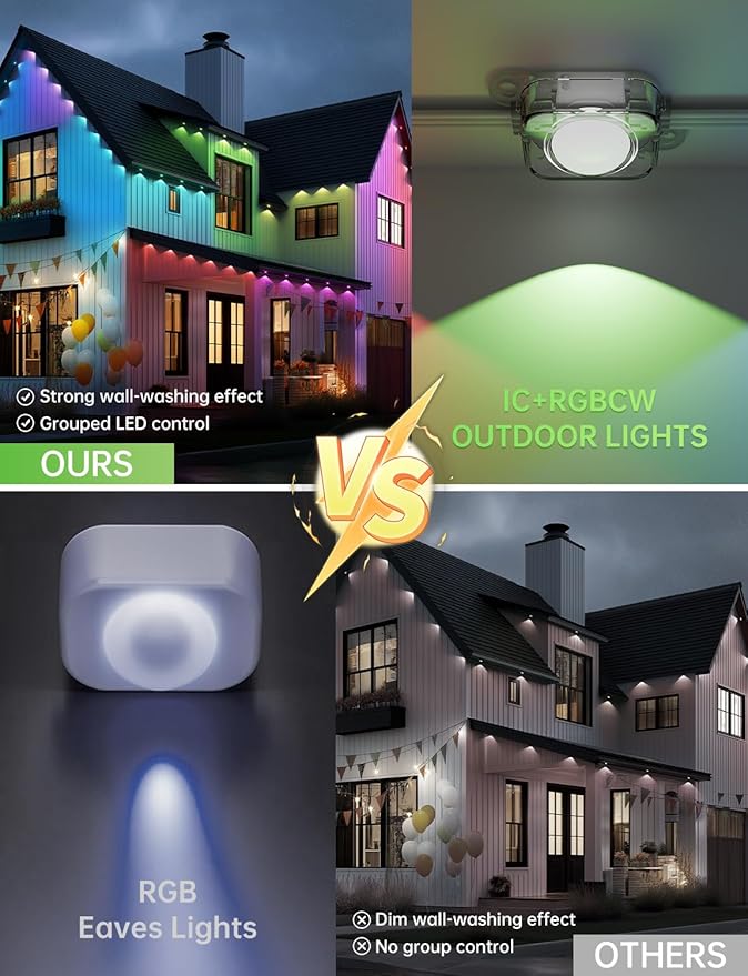 Permanent Outdoor Lights Pro 100FT with 50 Smart IC+RGBCW Christmas Halloween House Lights with Warm/Cool/Nature White LEDs, IP67 Waterproof for Holiday Daily Decor Accent Lighting