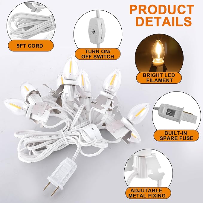 Christmas Village Lights with 10 LED Warm-White Bulb,Decoration for Christmas Village Houses, Pumpkin Crafts Halloween Holiday Decoration,C7 Village Light Cord