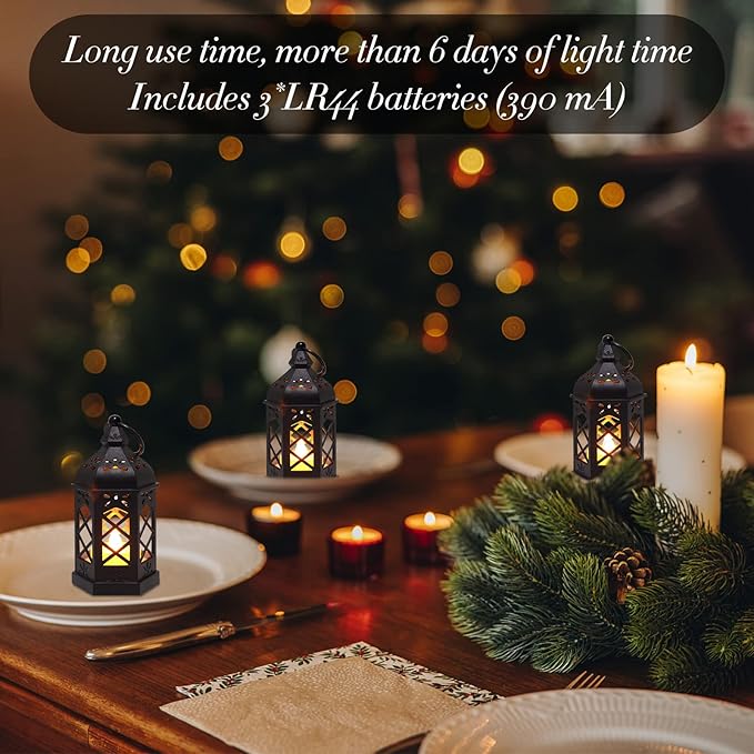 LLQ (8Pack-5Inch) Mini Lantern with Flickering LED Candle for Table Centerpiece, Black Halloween Decorations, Small Hanging Decorative Lantern for Wedding Christmas, Fall Garden Party Decor for Home