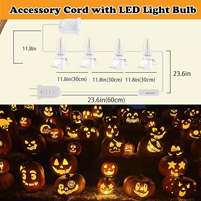 Accessory Cord with 4 LED Bulb and Female Plug,C7 Christmas Village String Light 7.8FT White Cord with Spare Fuse for Halloween Pumpkins Christmas Village Houses and Craft Decoration(2PCS)