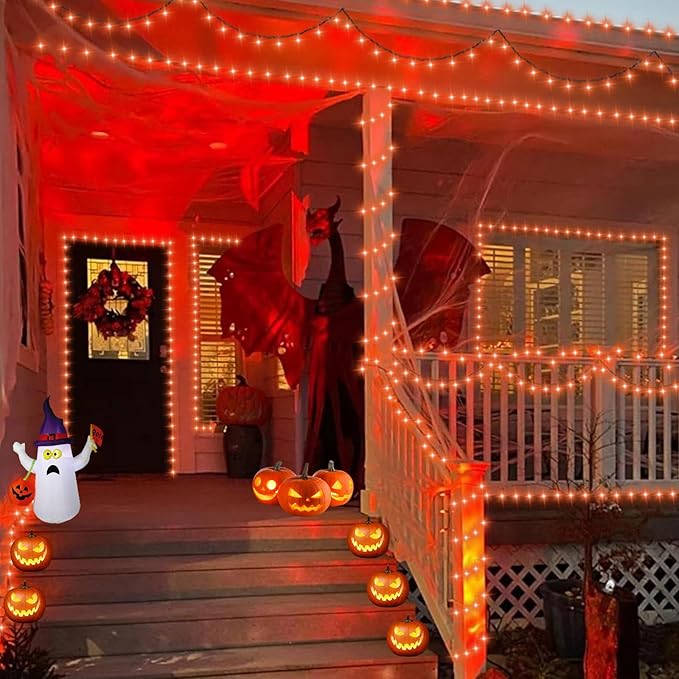 QITONG 165ft 500 LED Orange Christmas Lights, Thanksgiving String Lights Outdoor Waterproof with 8 Modes, Green Wire String Light Plug in Indoor with Timer Memory