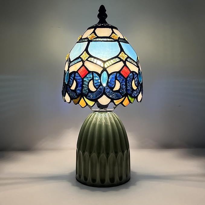 Tiffany Lamp Stained Glass Mushroom Table Lamps 6X6X12.5 Inch Blue Jewelry Baroque Style Small Night Light Ceramic Base Mini Accent Desk Light Suitable for Bedside Table Bedroom Children Room