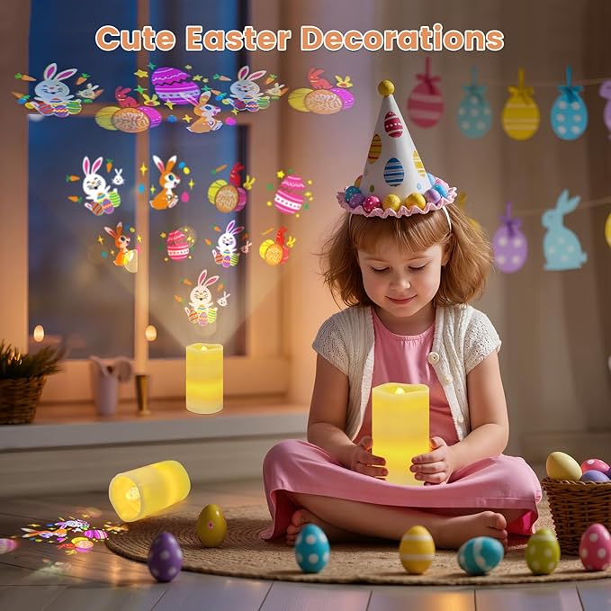 Easter Flameless Candle Projector Light, Easter Decorations Candles Lamp with Cute Bunny/Egg Projection, Battery Operated LED Candle with Remote Timer for Spring Table Home Decor (Ivory - Easter)
