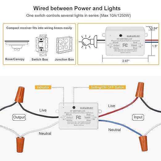 Suraielec Wireless Remote Light Switch, No Wiring, No WiFi, 100ft RF Range, Pre-Programmed, Expandable Wireless Wall Switch and Receiver Kit, Remote Control Light Fixture for Lamp, Ceiling Light, Fan