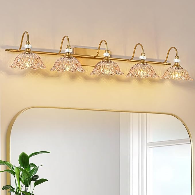 Vintage Bathroom Vanity Light, 5-Light Matte Brass Finish Vanity Light with Floral Amber Glass Shades, Retro Wall Mount Lighting for Bathroom, Living Room